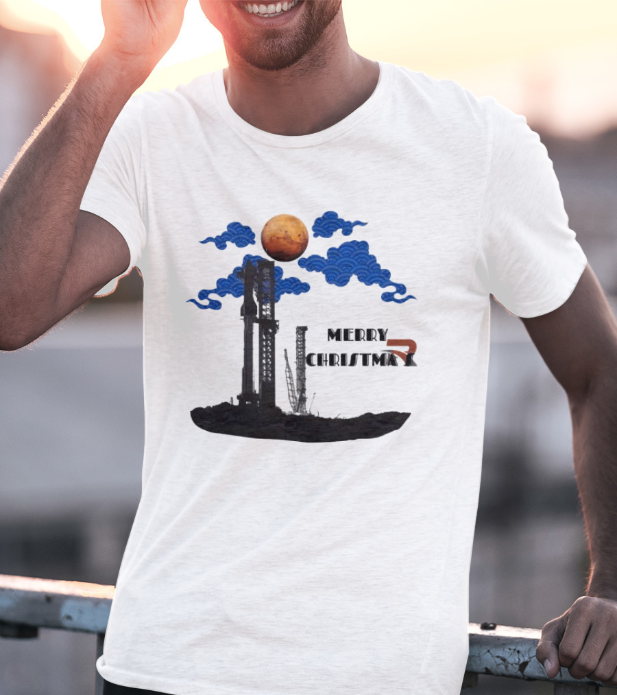 Merry Christmas Mars Rocket Mars Planet Blue Clouds T-Shirt