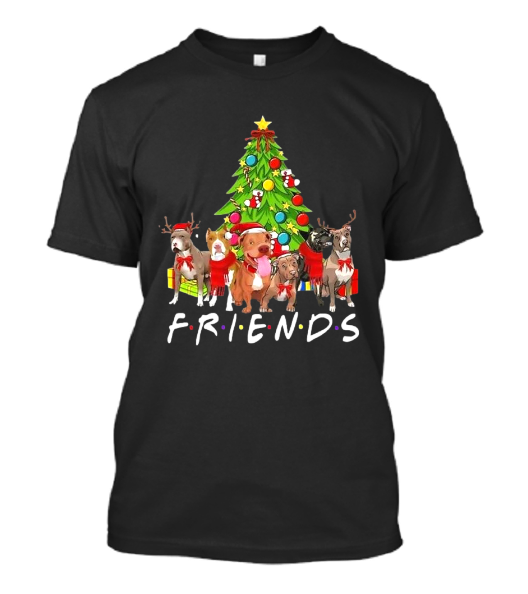 FRIENDS Christmas Tree With Pitbulls In Festive Scarf And Antlers T-Shirt