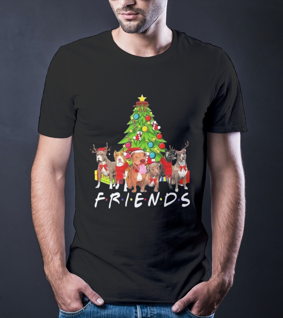 FRIENDS Christmas Tree With Pitbulls In Festive Scarf And Antlers T-Shirt