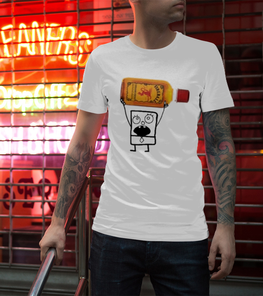 Doodlebob Fireball Whiskey Character Holding Iconic Liquor Bottle T-Shirt
