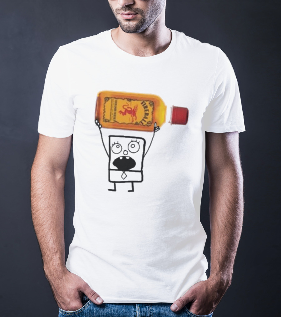 Doodlebob Fireball Whiskey Character Holding Iconic Liquor Bottle T-Shirt