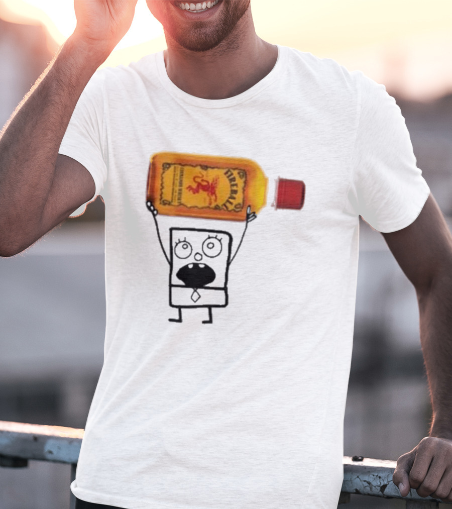 Doodlebob Fireball Whiskey Character Holding Iconic Liquor Bottle T-Shirt
