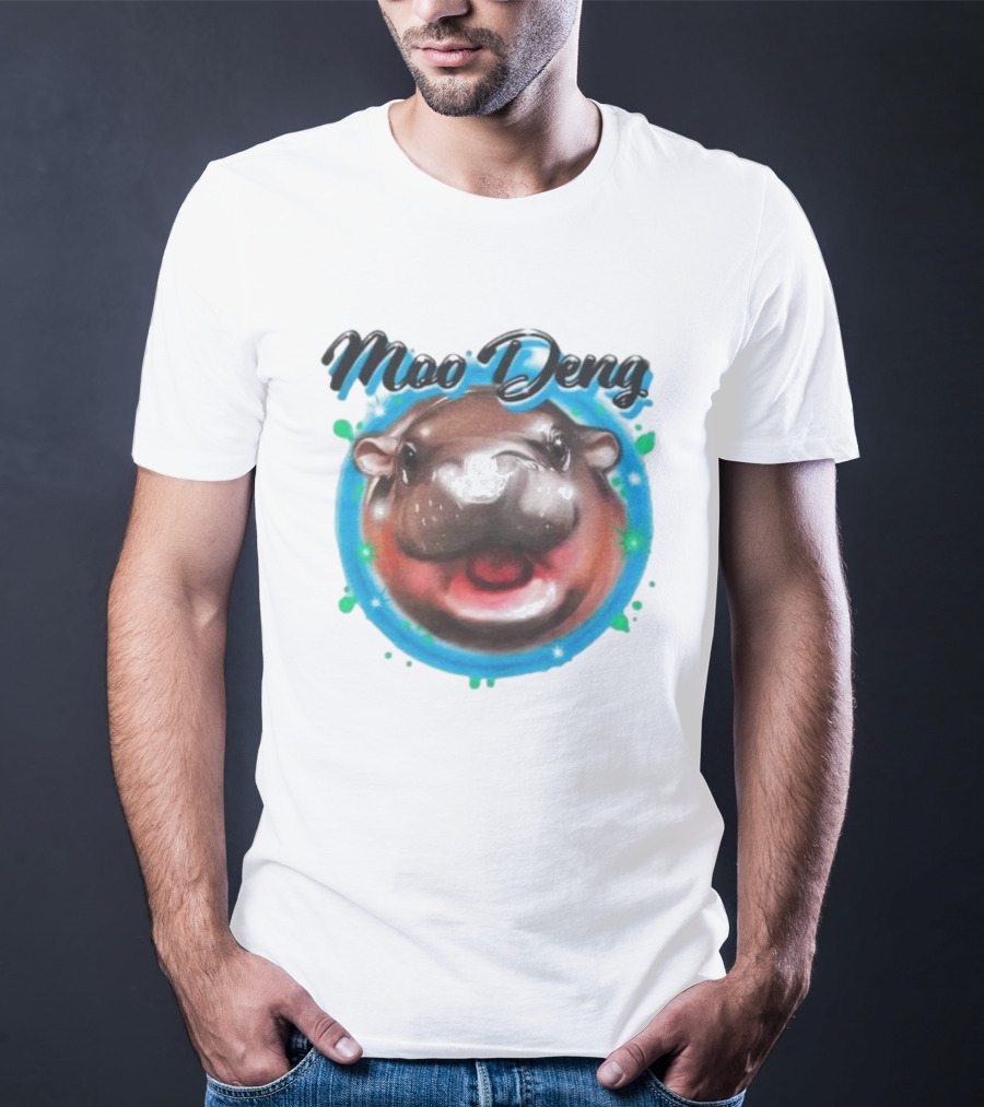 Moo Deng Cute Hippo Face With Blue Background T-Shirt
