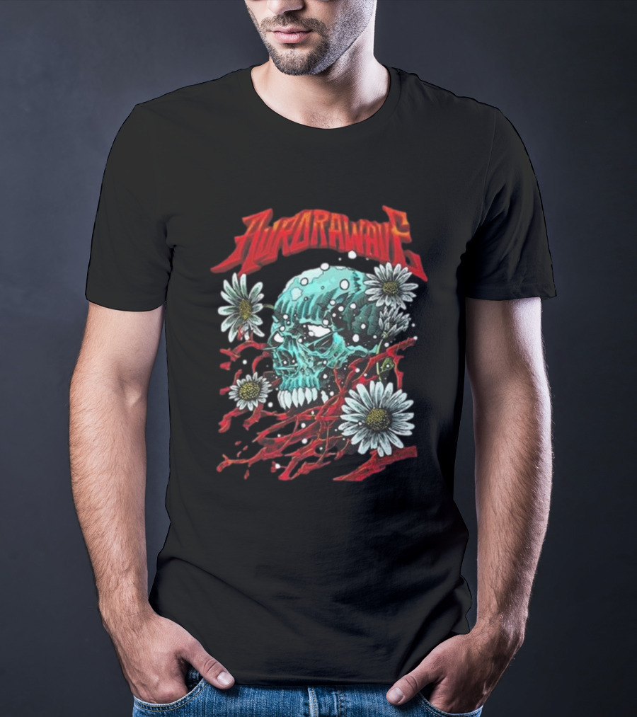 Aurora Wave Skull With Flowers And Red Vines T-Shirt