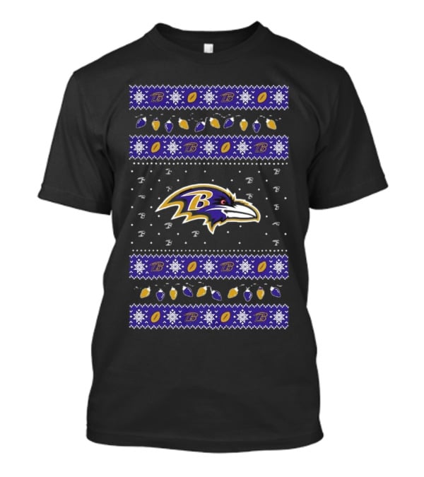 Baltimore Ravens NFL Festive Ugly Sweater Holiday Lights Christmas T-Shirt
