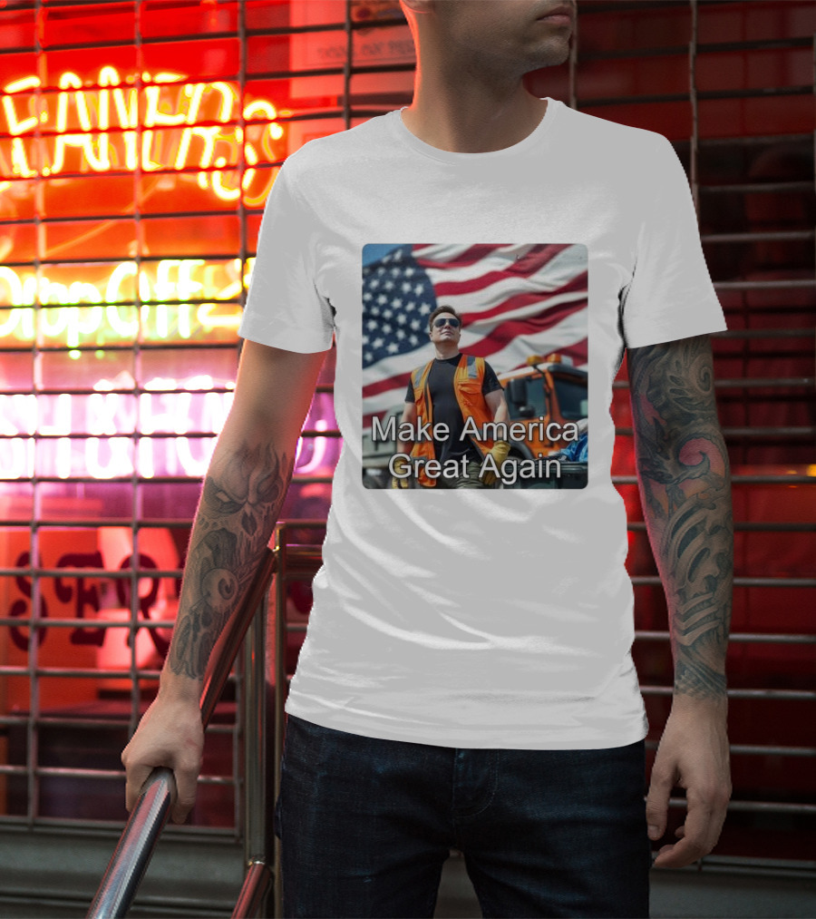 Make America Great Again Elon Musk In Orange Vest With American Flag Background T-Shirt