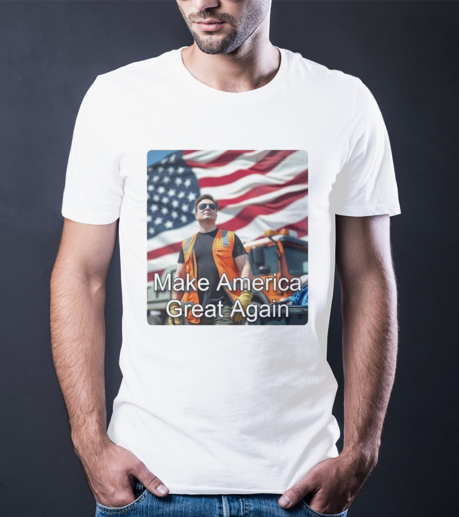 Make America Great Again Elon Musk In Orange Vest With American Flag Background T-Shirt