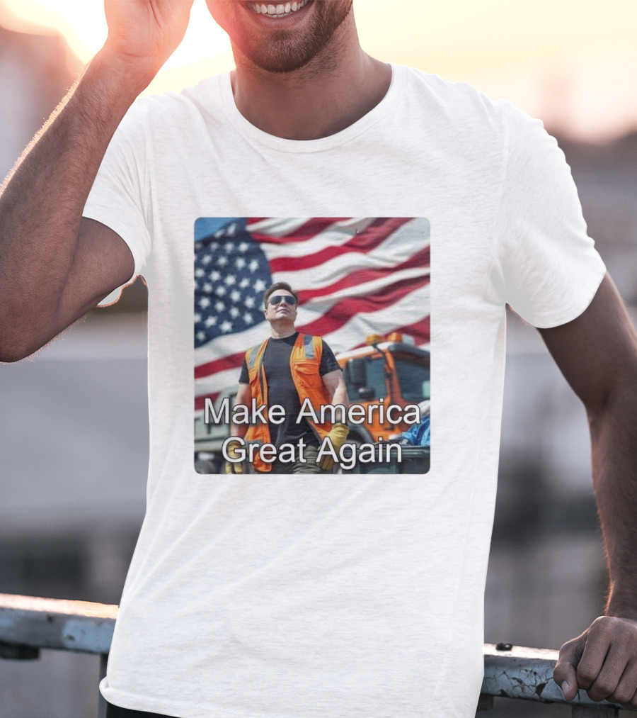Make America Great Again Elon Musk In Orange Vest With American Flag Background T-Shirt
