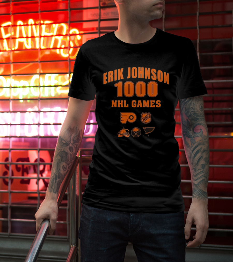 Erik Johnson 1000 NHL Games Philadelphia Flyers Colorado Avalanche Buffalo Sabres St. Louis Blues T-Shirt