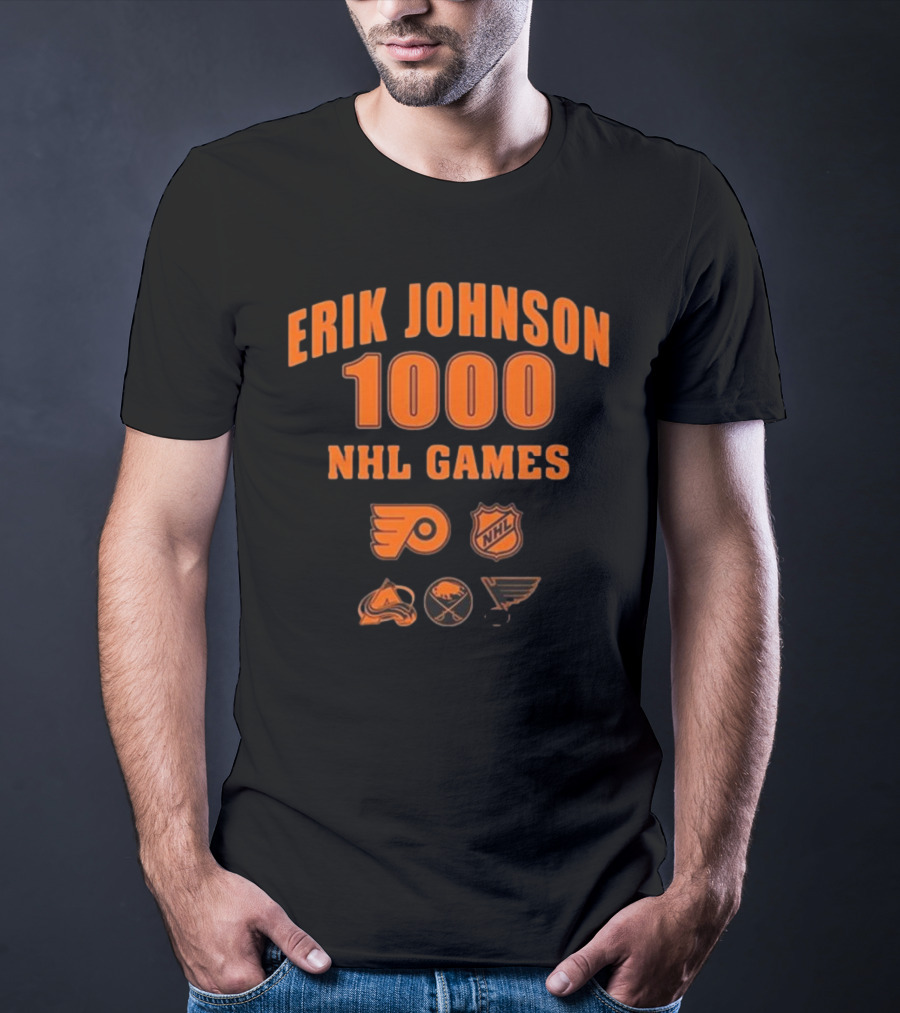 Erik Johnson 1000 NHL Games Philadelphia Flyers Colorado Avalanche Buffalo Sabres St. Louis Blues T-Shirt