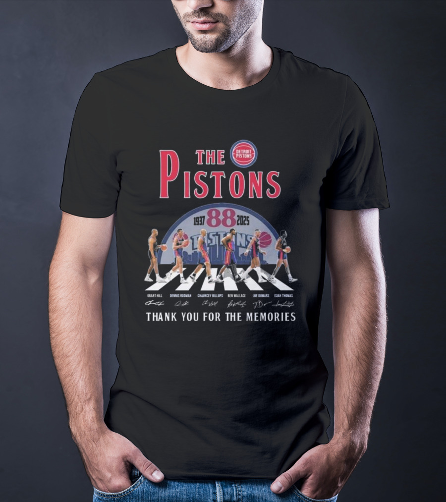 The Pistons 88 1937-2025 Thank You For The Memories Walking Signatures Grant Hill Dennis Rodman Chauncey Billups Ben Wallace Joe Dumars Isiah Thomas T-Shirt