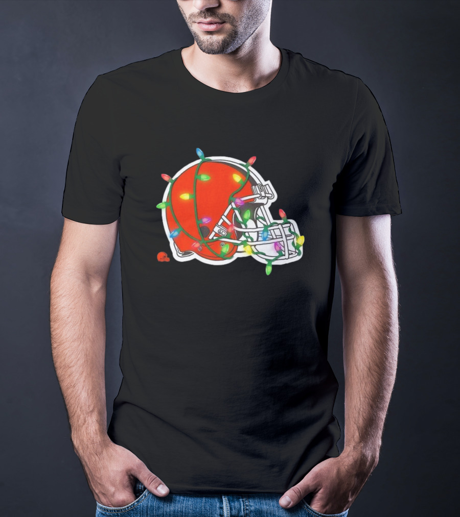 Cleveland Browns Helmet Wrapped In Holiday Lights T-Shirt