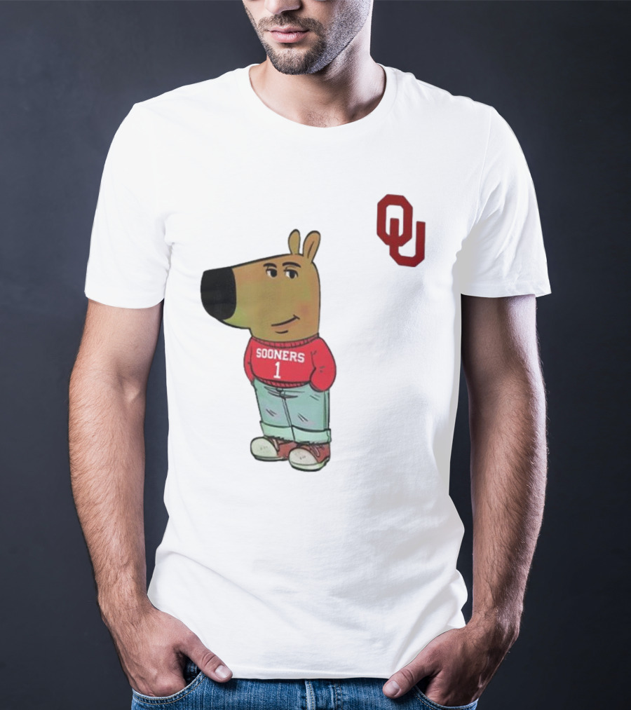 Oklahoma Sooners Chill Guy Cartoon Mascot Standing With OU Logo T-Shirt