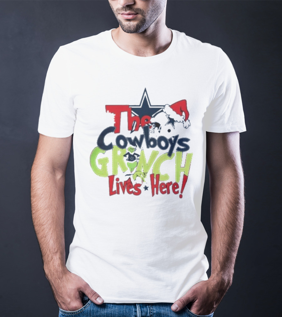 The Cowboys Grinch Lives Here Santa Hat Christmas T-Shirt