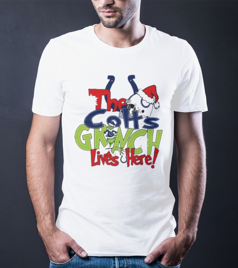 The Indianapolis Colts Grinch Lives Here Christmas Santa Hat T-Shirt