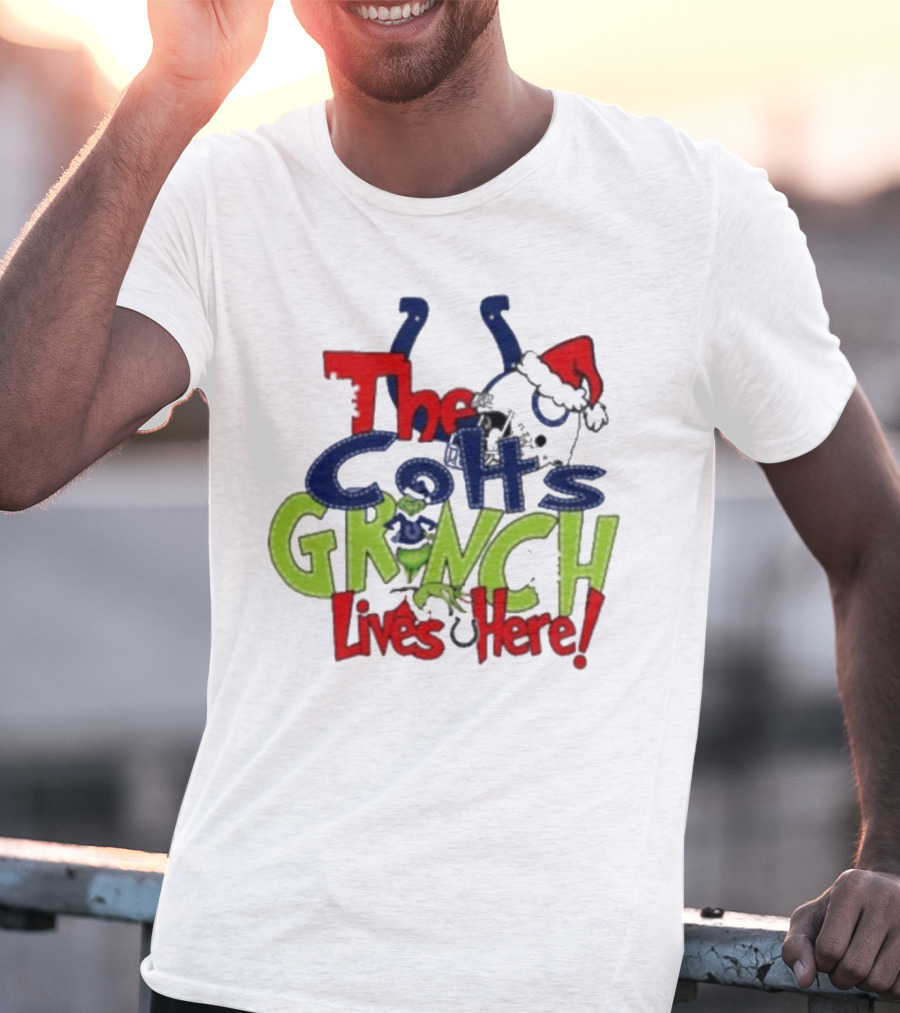 The Indianapolis Colts Grinch Lives Here Christmas Santa Hat T-Shirt