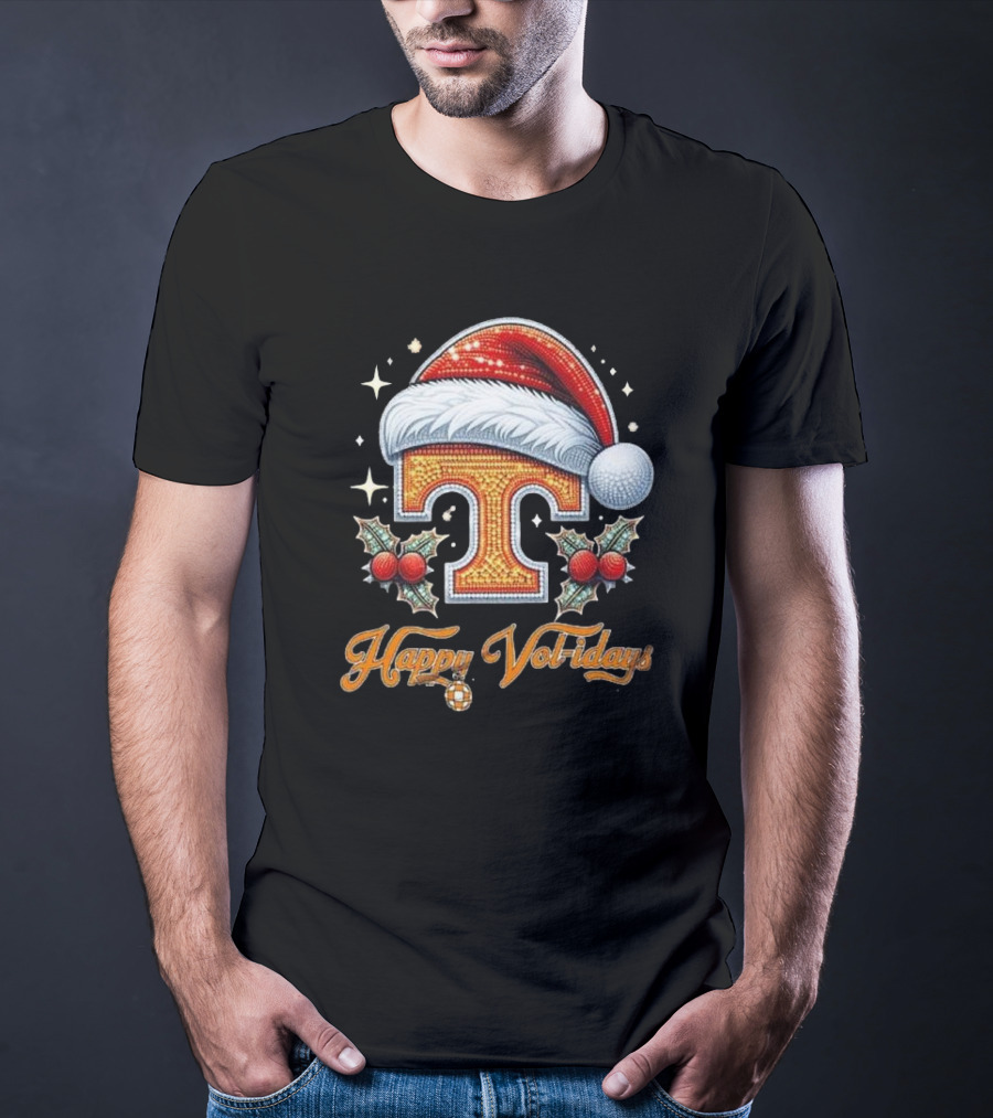 Happy Vol-idays Santa Hat T With Holly And Stars T-Shirt