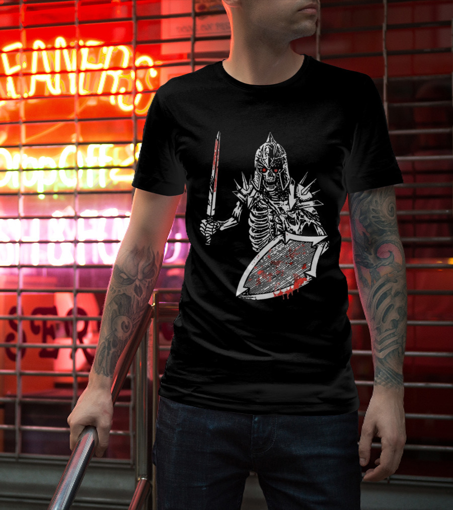 Gatecreeper Bloody Skeleton Warrior With Blood-Soaked Sword And Shield T-Shirt