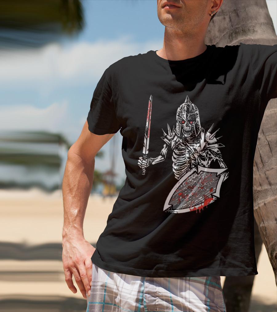 Gatecreeper Bloody Skeleton Warrior With Blood-Soaked Sword And Shield T-Shirt