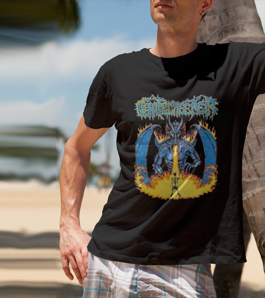 Gatecreeper Blue Dragon Breathing Fire With Fiery Surroundings T-Shirt