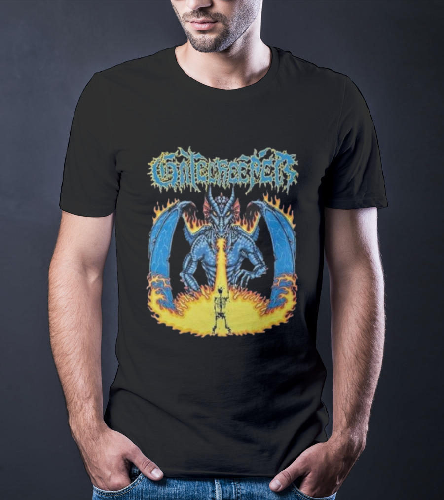 Gatecreeper Blue Dragon Breathing Fire With Fiery Surroundings T-Shirt