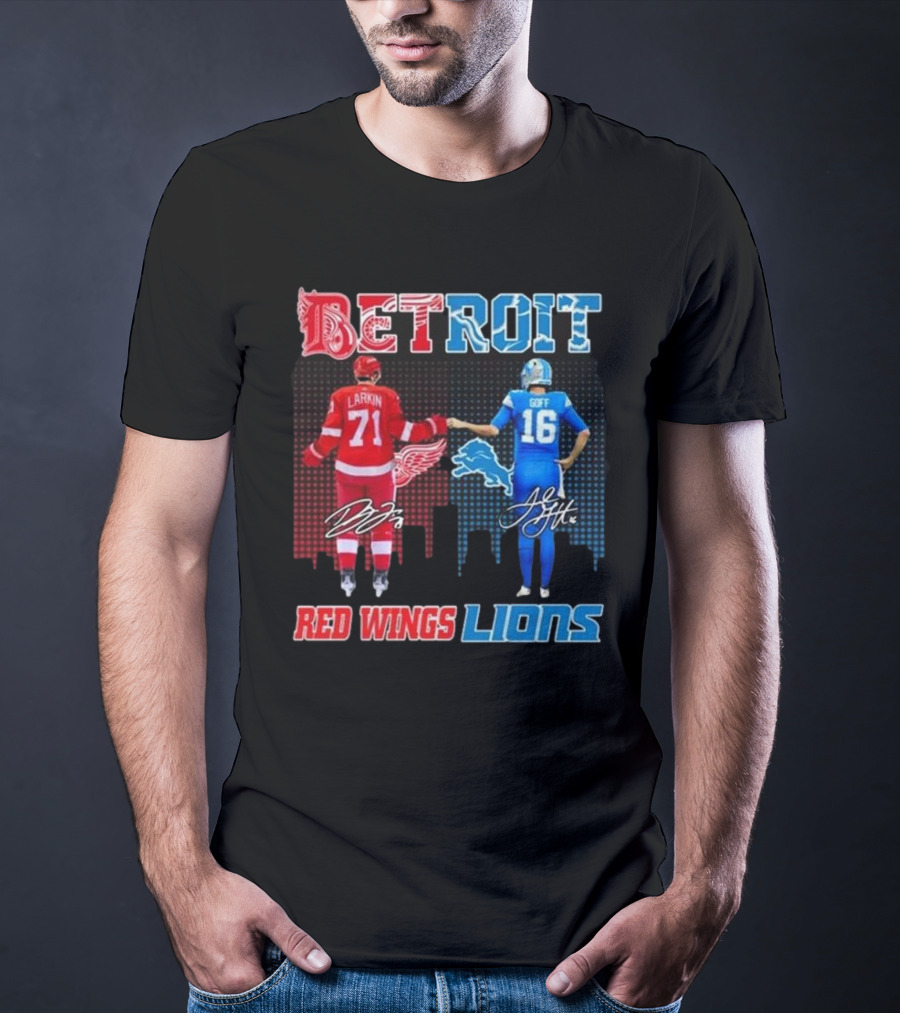 Larkin 71 Detroit Red Wings Goff 16 Detroit Lions Signature Collaboration T-Shirt