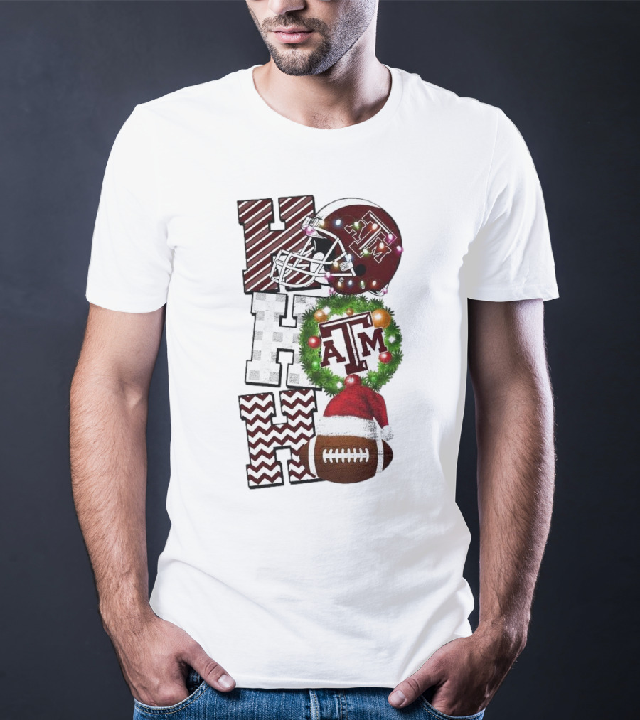Texas A M Aggies Football Christmas Ho Ho Ho ATM Helmet Wreath Football T-Shirt