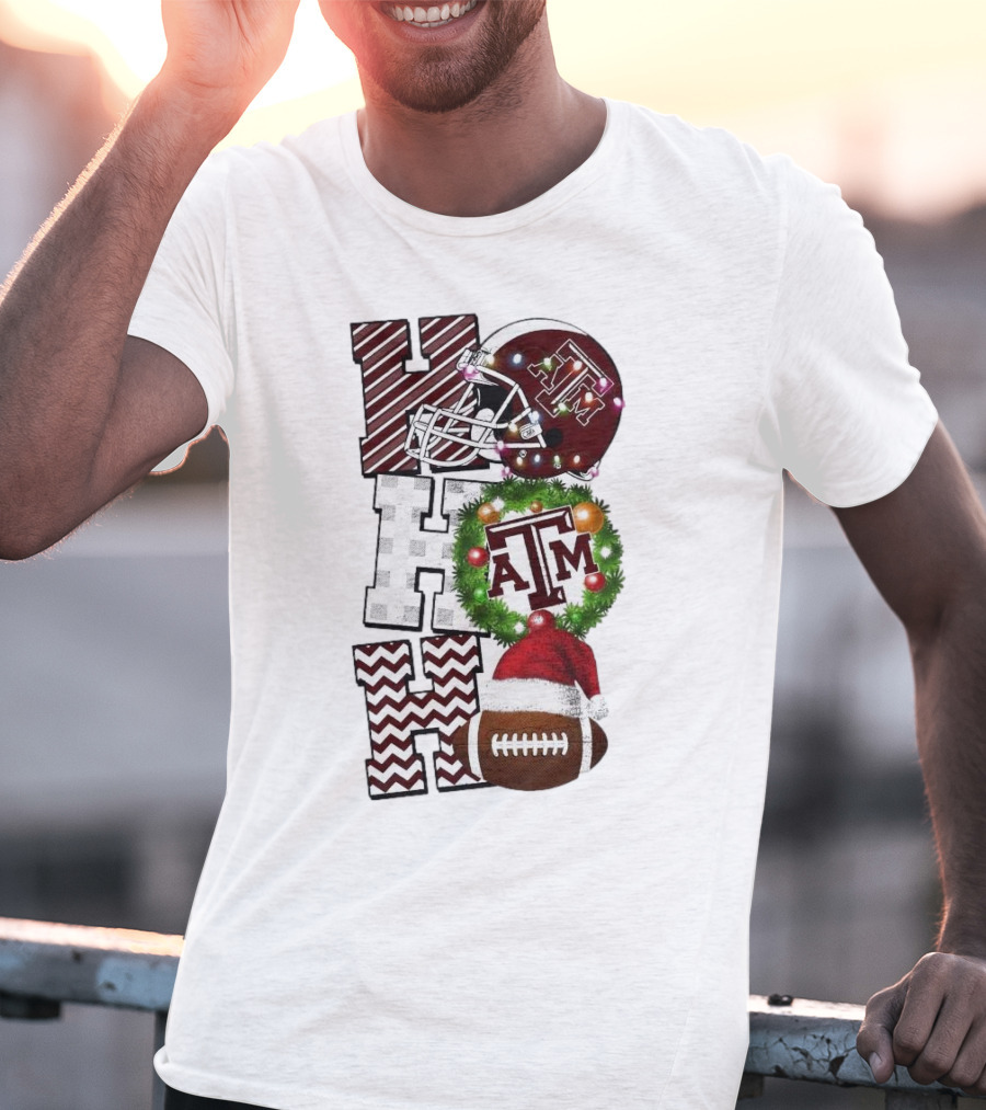Texas A M Aggies Football Christmas Ho Ho Ho ATM Helmet Wreath Football T-Shirt