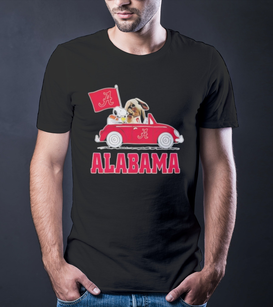 Snoopy And Big Al Driving Red Car With Alabama Flag Crimson Tide T-Shirt