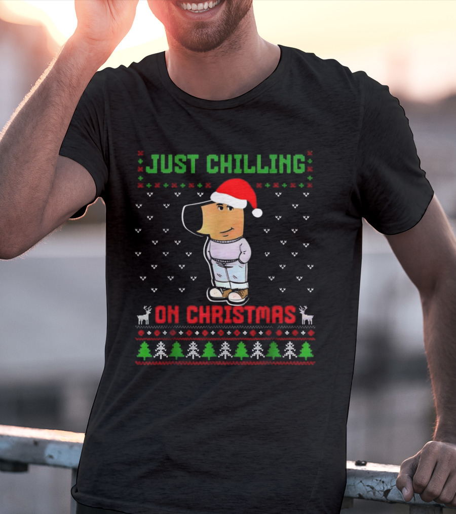 Just Chilling On Christmas Ugly Sweater Santa Hat Dog T-Shirt