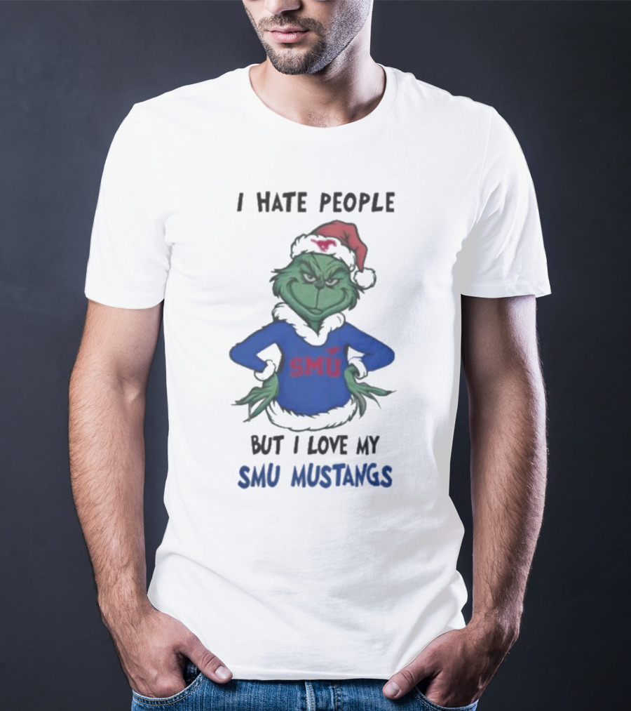 I Hate People But I Love My SMU Mustangs Grinch Santa Hat Christmas T-Shirt