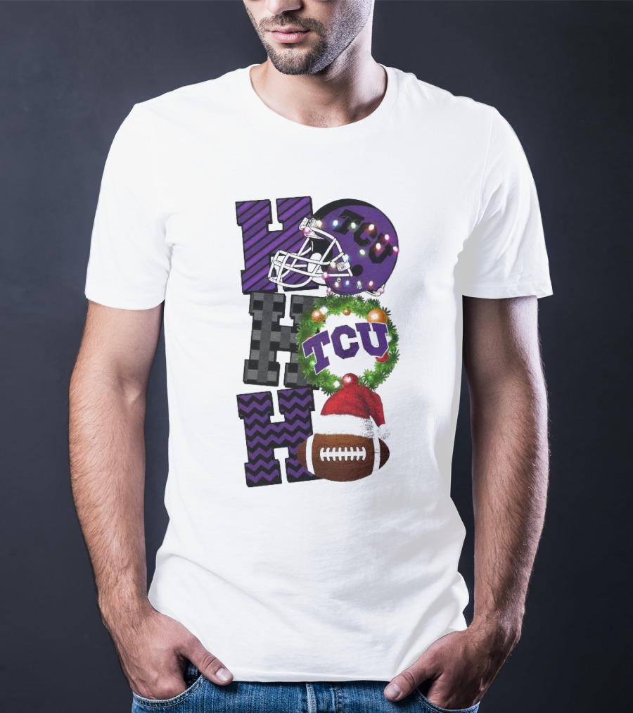 TCU Horned Frogs Football Christmas Ho Ho Ho Helmet And Wreath Game Day T-Shirt