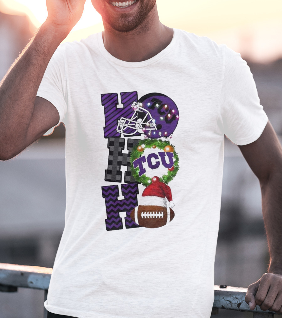 TCU Horned Frogs Football Christmas Ho Ho Ho Helmet And Wreath Game Day T-Shirt
