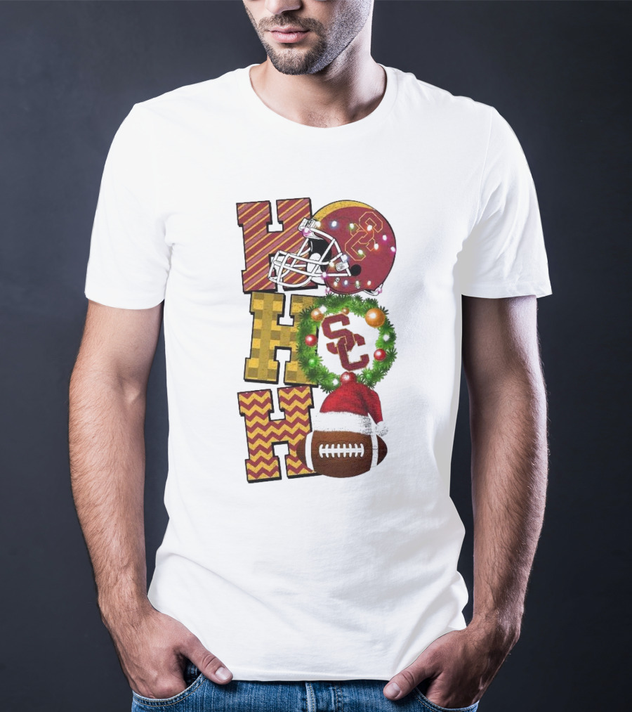 USC Trojans Football Christmas Ho Ho Ho SC Festive Helmet Wreath Game Day T-Shirt