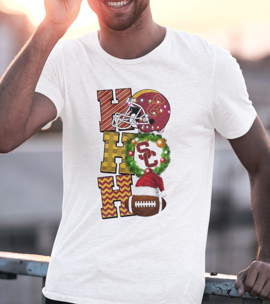 USC Trojans Football Christmas Ho Ho Ho SC Festive Helmet Wreath Game Day T-Shirt