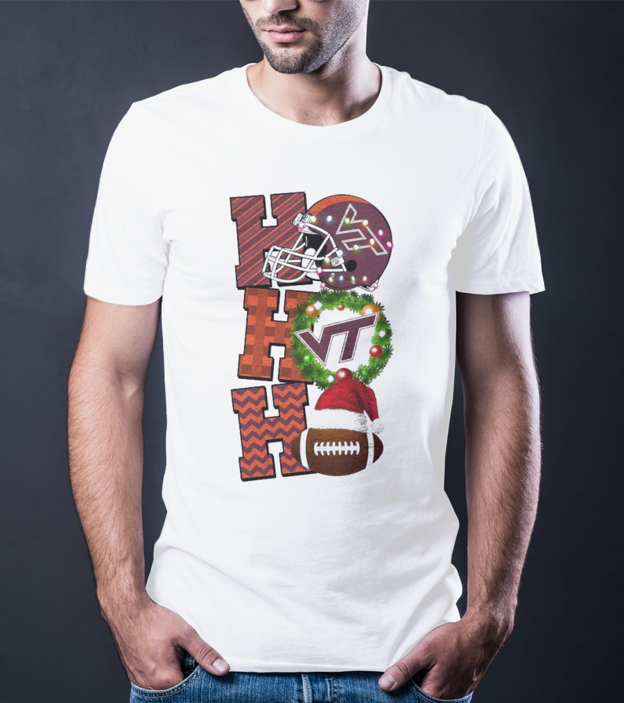 Virginia Tech Hokies Football Christmas Ho Ho Ho VT Helmet Wreath Game Day T-Shirt