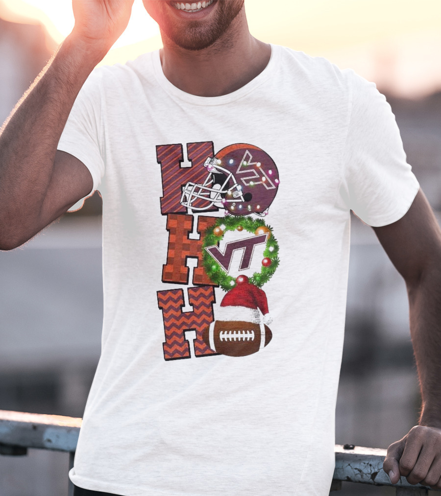 Virginia Tech Hokies Football Christmas Ho Ho Ho VT Helmet Wreath Game Day T-Shirt
