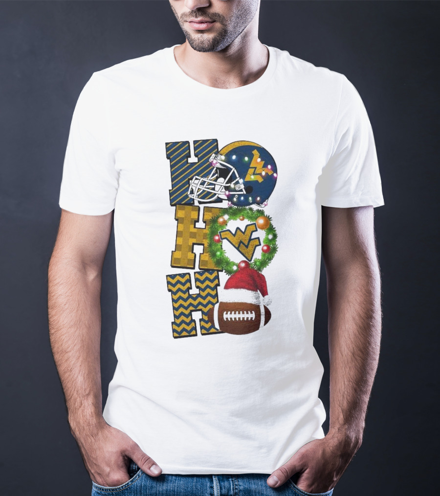 West Virginia Mountaineers Football Christmas Ho Ho Ho Helmet Wreath Santa Hat Game Day T-Shirt