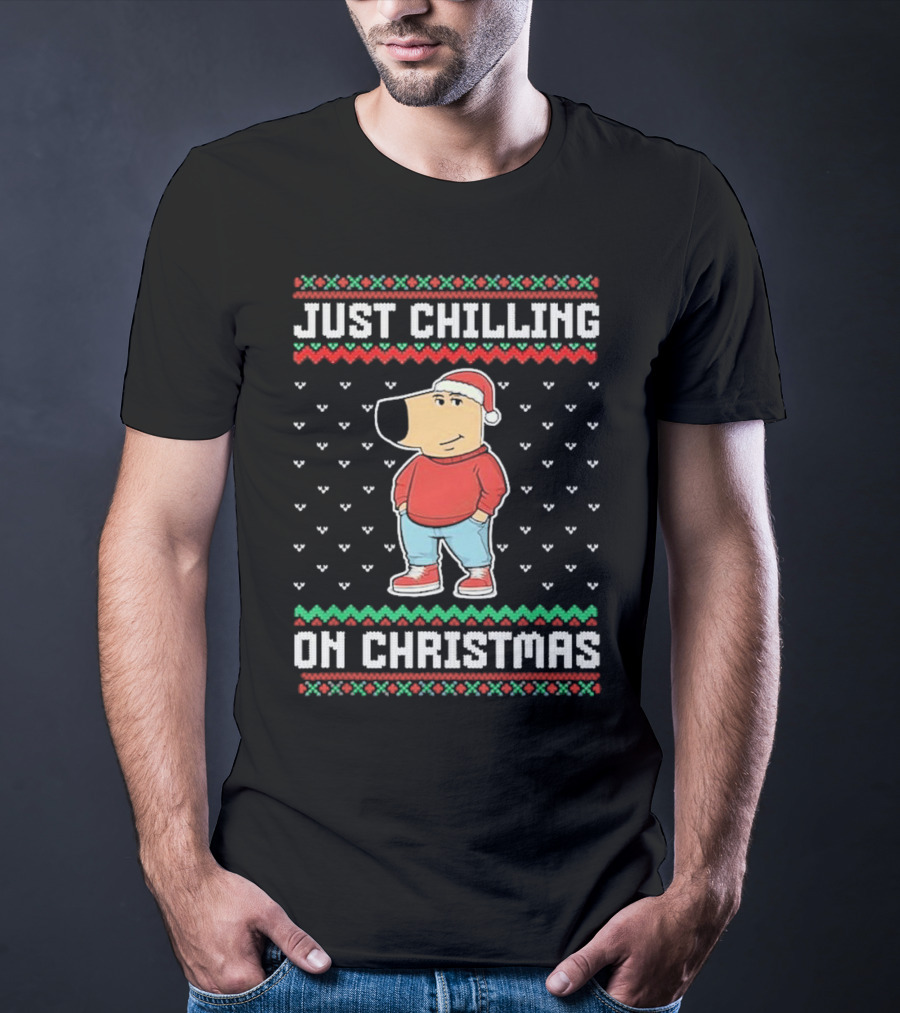 Chill Guy Meme Just Chilling On Christmas Sweater Style Santa Hat Red Green T-Shirt