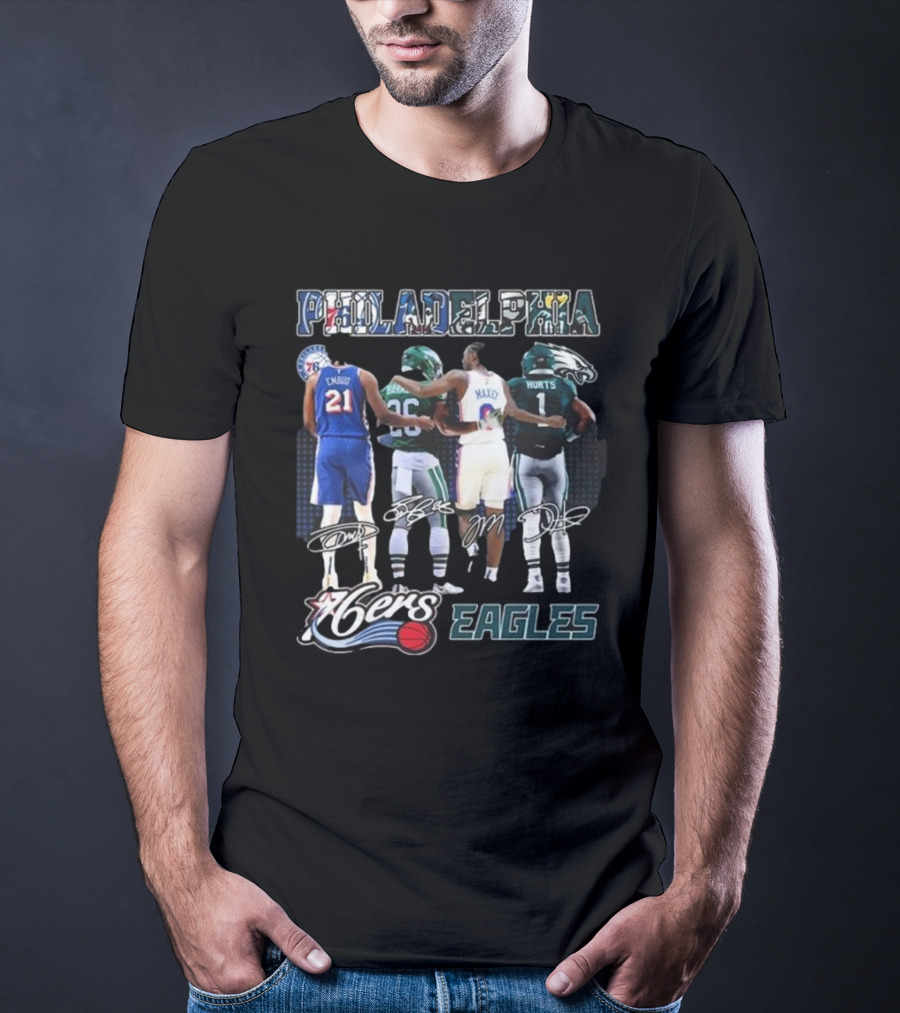 Philadelphia 76ers Joel Embiid And Philadelphia Eagles Sanders Hurts Collaborative Signature T-Shirt