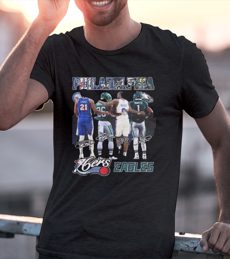 Philadelphia 76ers Joel Embiid And Philadelphia Eagles Sanders Hurts Collaborative Signature T-Shirt