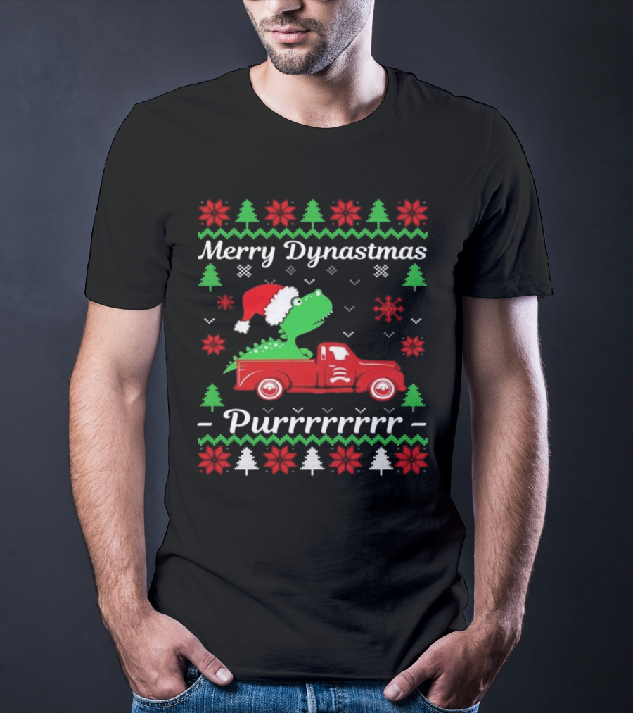 Merry Dynastmas Dinosaur Santa Hat Red Truck Ugly Christmas Purrrrrrrr T-Shirt