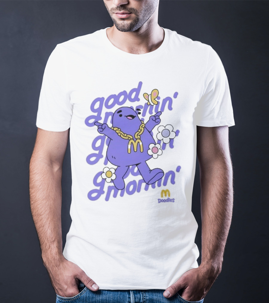 Good Mornin’ Grimace Doodles McDonald’s Butterfly Flowers T-Shirt