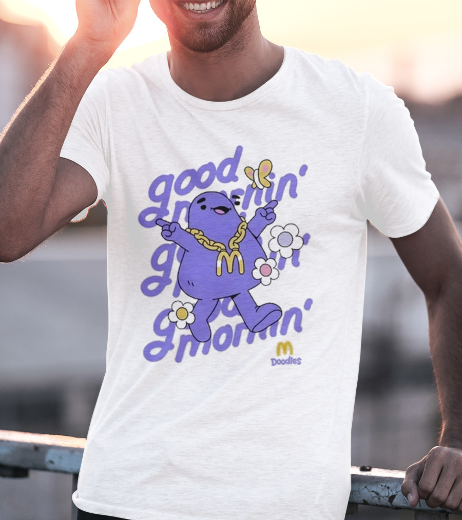 Good Mornin’ Grimace Doodles McDonald’s Butterfly Flowers T-Shirt