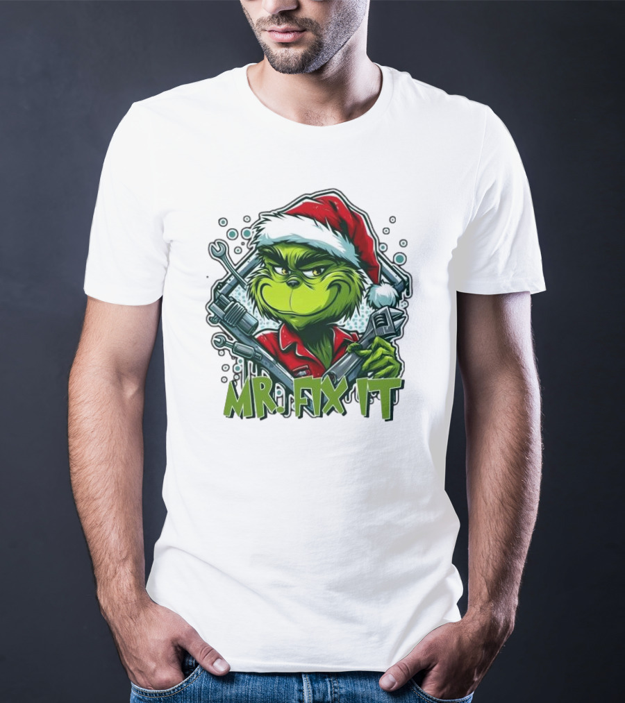 Mr. Fix It Grinch Merry Christmas Santa Hat Wrench Holiday T-Shirt