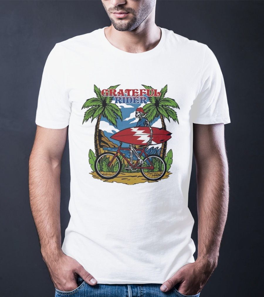 Grateful Rider Skeleton Beach Cruiser With Surfboard And Palm Trees T-Shirt