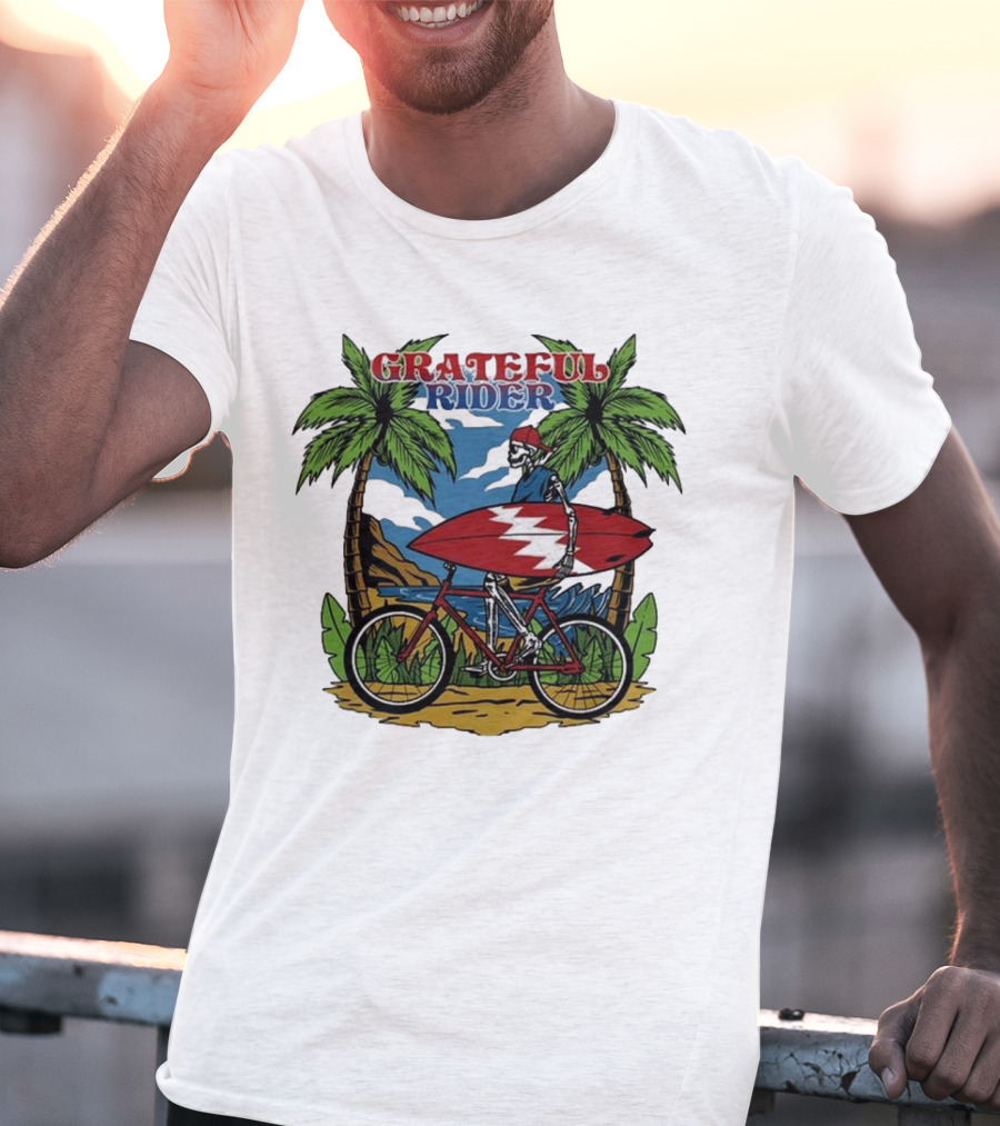 Grateful Rider Skeleton Beach Cruiser With Surfboard And Palm Trees T-Shirt