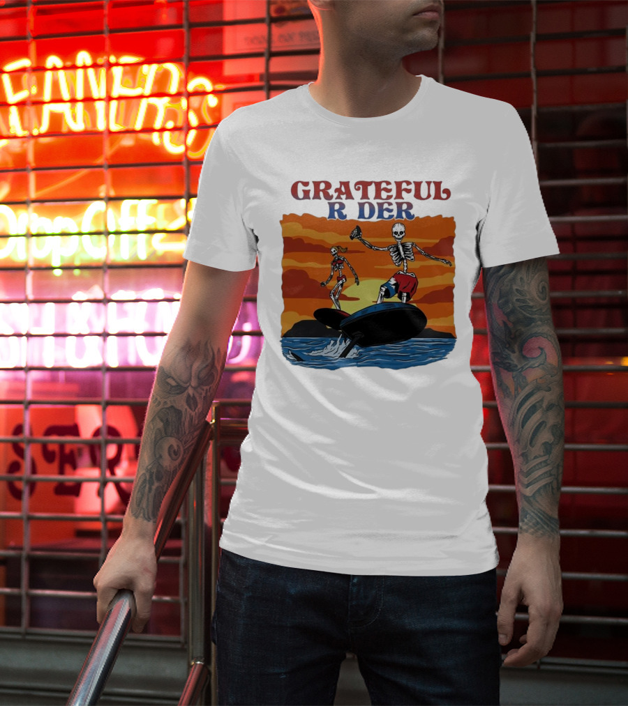 Grateful Rider Skeletons Surfing Sunset E-foil Adventure T-Shirt