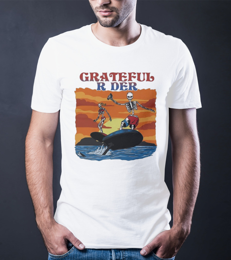 Grateful Rider Skeletons Surfing Sunset E-foil Adventure T-Shirt