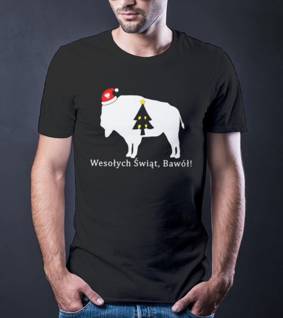 Merry Christmas Buffalo Wesolych Swiat Bawol Santa Hat Christmas Tree T-Shirt
